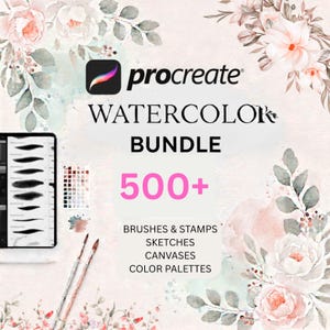 Op de afbeelding: Digitale aquarel bundel voor Procreate, met het app-logo, de tekst "Watercolor Bundle" en "500+". Inclusief penselen, stempels, schetsen, doeken en kleurenpaletten. Bloemen- en aquarel achtergrond.