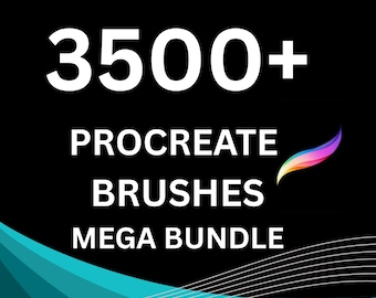 May include: Black background with white text that reads "3500+ PROCREATE BRUSHES MEGA BUNDLE." A teal and white design is at the bottom of the image, and a colorful brushstroke graphic is on the right.