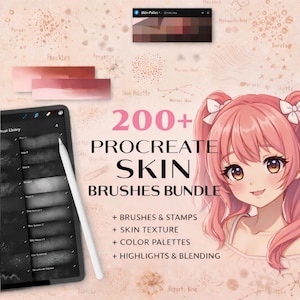 May include: A digital art bundle advertisement featuring a Procreate skin brushes bundle. The image includes a tablet with a stylus, a skin palette, and an anime-style character. Text highlights the bundle's features: brushes, stamps, skin texture, color palettes, and blending.