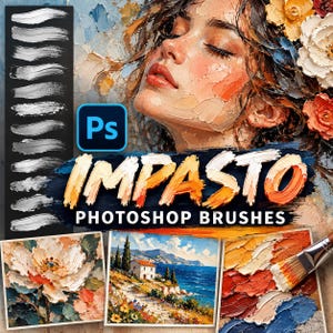 Może przedstawiać: Cyfrowa prezentacja produktu przedstawiająca portret z teksturami farby impasto, logo Photoshop oraz tekst IMPASTO PHOTOSHOP BRUSHES. Zawiera pionowy panel z pociągnięciami pędzla oraz trzy przykładowe obrazy z motywami kwiatowymi i nadmorskimi.