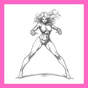 May include: A pencil sketch of a female superhero in a dynamic pose. She is depicted with flowing hair, a determined expression, and a form-fitting suit. The figure is standing with legs apart and arms bent, ready for action.