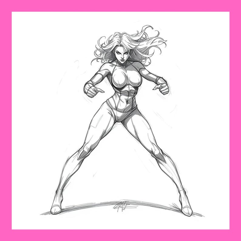 May include: A pencil sketch of a female superhero in a dynamic pose. She is depicted with flowing hair, a determined expression, and a form-fitting suit. The figure is standing with legs apart and arms bent, ready for action.