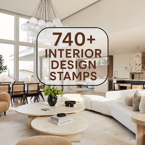 Könnte beinhalten: Ein modernes Wohnzimmer mit weißem Sofa, zwei ovalen Couchtischen und einem großen Fenster. Das Bild zeigt den Text "740+ INTERIOR DESIGN STAMPS" in brauner Schrift, was auf eine Designressource hindeutet.