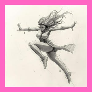 May include: A pencil sketch of a woman in a dynamic pose, arms outstretched and legs bent in a leaping motion. Her long hair flows behind her. She wears a fitted top, skirt, and shoes. The artwork is set against a light background.
