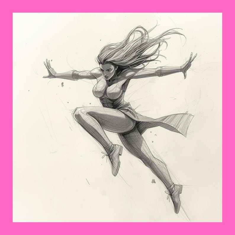 May include: A pencil sketch of a woman in a dynamic pose, arms outstretched and legs bent in a leaping motion. Her long hair flows behind her. She wears a fitted top, skirt, and shoes. The artwork is set against a light background.