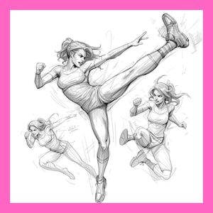 May include: A black and white pencil sketch of a woman in athletic wear performing martial arts moves. The image features three dynamic poses, showcasing a high kick and other action stances. The artwork is detailed and emphasizes movement.