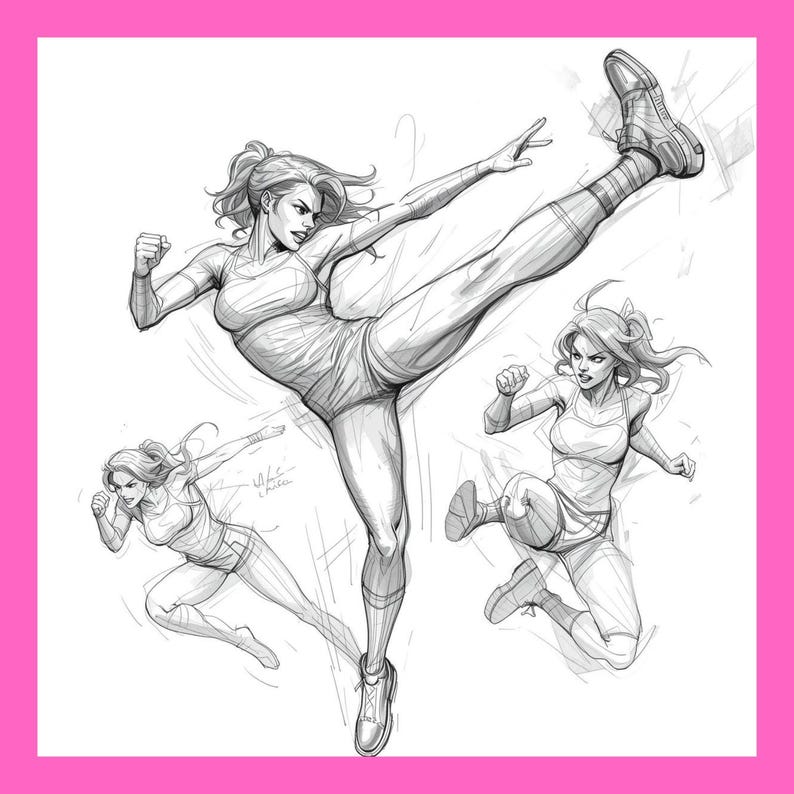 May include: A black and white pencil sketch of a woman in athletic wear performing martial arts moves. The image features three dynamic poses, showcasing a high kick and other action stances. The artwork is detailed and emphasizes movement.