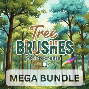 Puede incluir: Ilustración de una escena de bosque con el texto "Tree Brushes for Procreate MEGA BUNDLE". El texto es en verde y marrón, con pinceles y un icono de tableta. El fondo presenta árboles con follaje verde y azul.