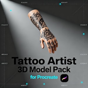 Puede incluir: Modelo 3D de una mano con un detallado diseño de tatuaje negro en manga y mano. La imagen incluye el texto "Tattoo Artist 3D Model Pack for Procreate" y el logotipo de la aplicación Procreate. El fondo es un degradado de gris.
