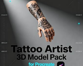 May include: A 3D model of a hand with a detailed black tattoo sleeve and hand design. The image includes the text "Tattoo Artist 3D Model Pack for Procreate" and the Procreate app logo. The background is a gradient of gray.