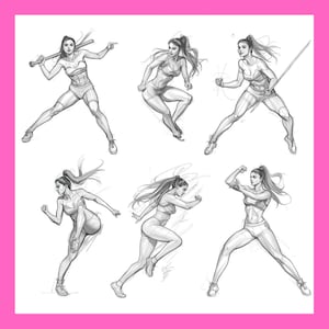May include: Pencil sketches of a woman in athletic poses. The sketches depict the woman in various dynamic positions, including swinging a bat, running, and striking with a sword. The woman is wearing athletic attire.