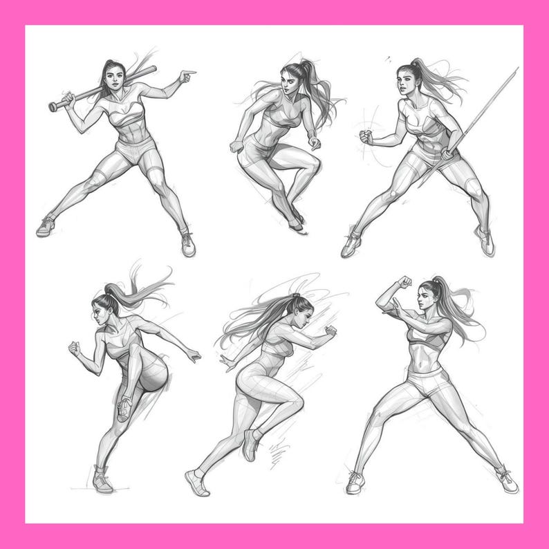May include: Pencil sketches of a woman in athletic poses. The sketches depict the woman in various dynamic positions, including swinging a bat, running, and striking with a sword. The woman is wearing athletic attire.