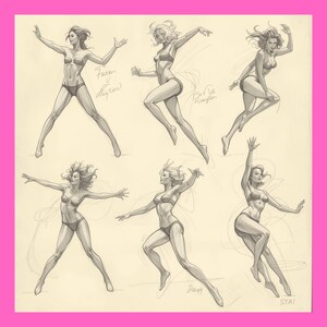 May include: Pencil sketches of six women in swimwear in dynamic poses. The drawings are in a realistic style, with attention to detail in the figures and shading. Handwritten text is visible in the image.