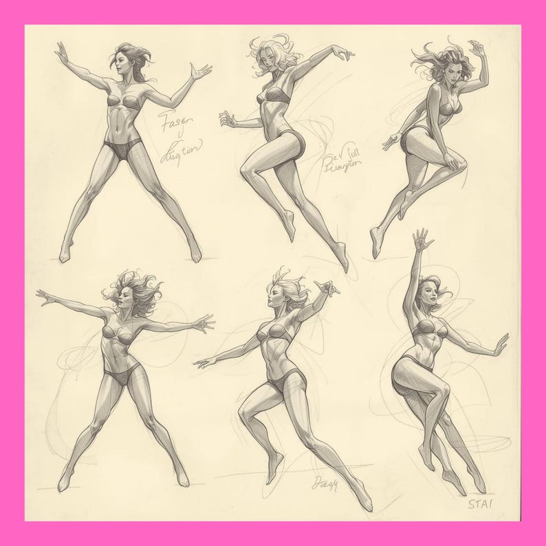 May include: Pencil sketches of six women in swimwear in dynamic poses. The drawings are in a realistic style, with attention to detail in the figures and shading. Handwritten text is visible in the image.