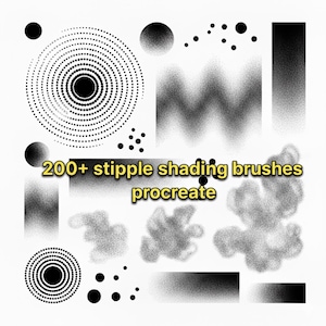 Könnte beinhalten: Ein Bild mit Stippling-Schattierungspinseln für Procreate. Die Designelemente umfassen Kreise, Verläufe und strukturierte Formen in Schwarz und Weiß. Der Text "200+ Stipple-Schattierungspinsel Procreate" wird in einem gelben Feld angezeigt.