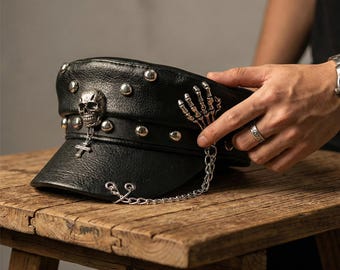 Gothic Skull Faux Leather Military Cap – Studded Punk Rock Hat