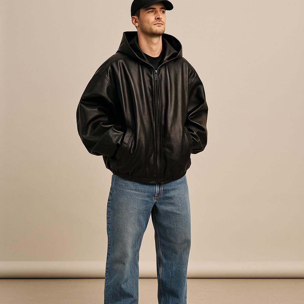 Oversized Black PU Leather Hoodie – Unisex Y2K Streetwear Jacket