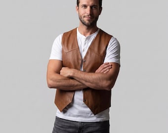 Men's PU Leather Western Cowboy Biker Vest – Vintage Style Sleeveless Waistcoat