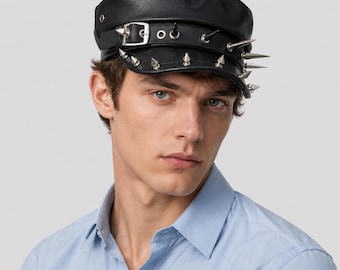 Studded Leather Newsboy Cap | Gothic Punk Skull Spike Biker Hat | Streetwear Flat Cap | Alternative Fashion Headwear