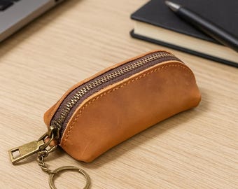 Handmade Leather Coin Purse Keychain – Cowhide Zip Pouch