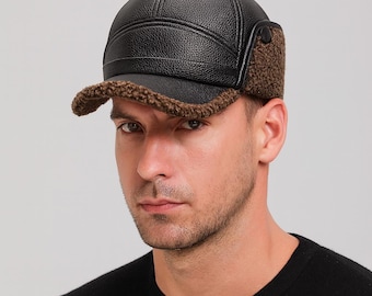 Men’s Winter Baseball Cap – PU Leather, Faux Fur Lined Ear Flaps