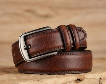 Cintura da uomo in pelle di mucca marrone - Cintura classica con fibbia in metallo
