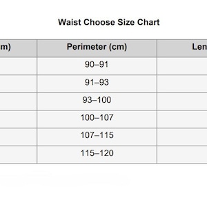 Op de afbeelding: Een maattabel voor de taille, metingen in centimeters. De tabel bevat taille-, omtrek- en lengtematen. De taillematen vari&euml;ren van minder dan 70 cm tot minder dan 107 cm, met bijbehorende waarden.