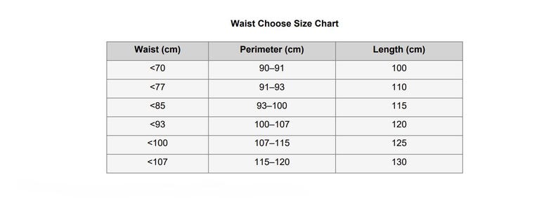 Op de afbeelding: Een maattabel voor de taille, metingen in centimeters. De tabel bevat taille-, omtrek- en lengtematen. De taillematen vari&euml;ren van minder dan 70 cm tot minder dan 107 cm, met bijbehorende waarden.