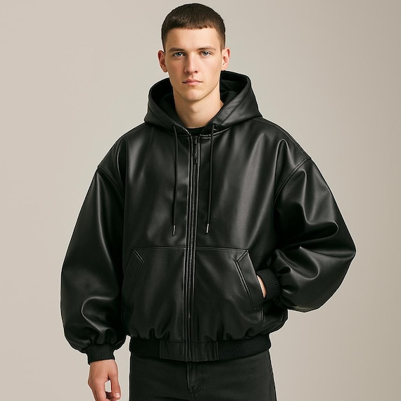 Oversized Black PU Leather Hoodie – Unisex Y2K Streetwear Jacket