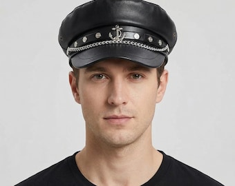 Faux Leather Newsboy Cap – Punk Chain Detail, Gothic Fashion Beret