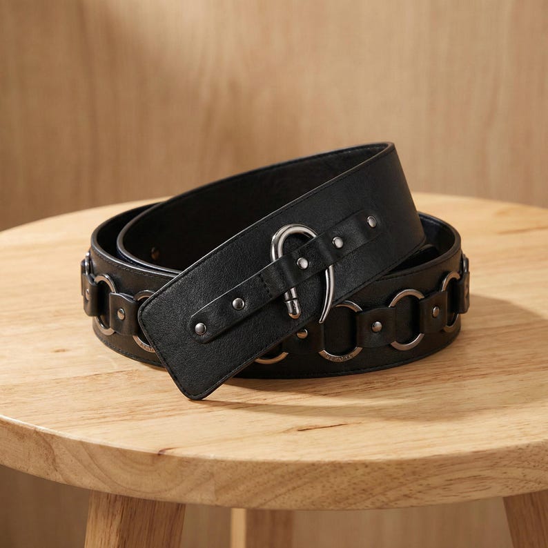 May include: A black belt with a wide band and a silver-tone buckle. The belt features a series of silver-tone rings along its length. The belt is made of a smooth material and is displayed on a wooden table.