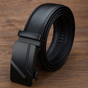 Op de afbeelding: Een zwarte leren riem met een strak, modern ontwerp. De riem heeft een matzwarte gesp met geometrische details en een gladde, gestikte leren band. De riem wordt getoond op een houten oppervlak.