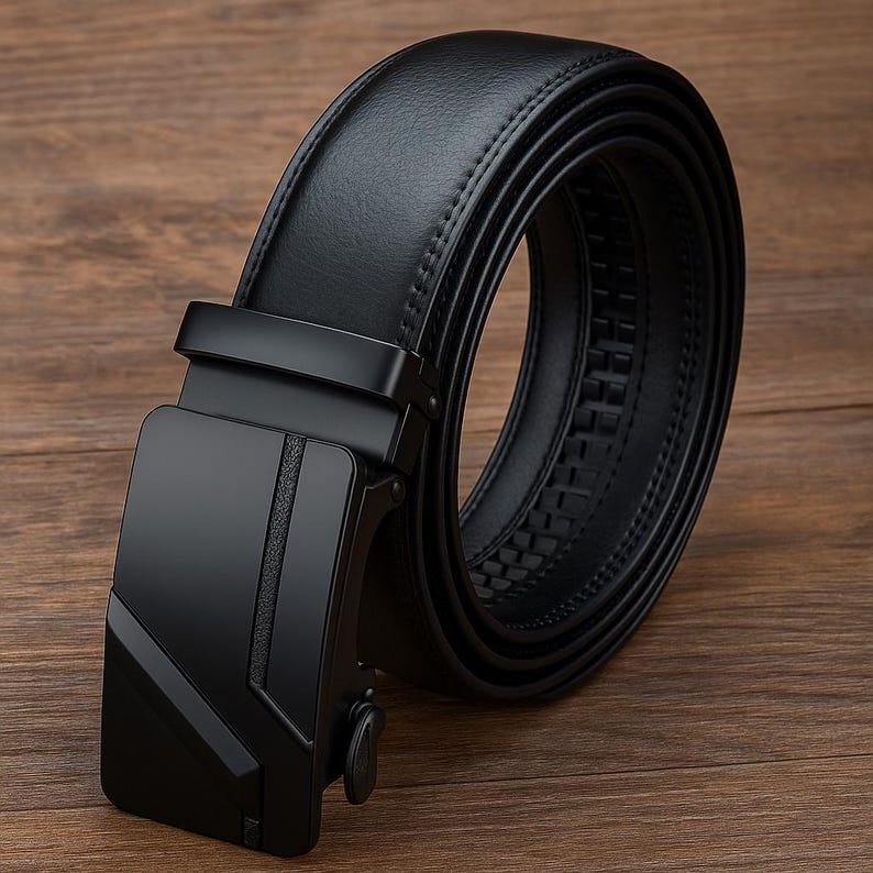 Op de afbeelding: Een zwarte leren riem met een strak, modern ontwerp. De riem heeft een matzwarte gesp met geometrische details en een gladde, gestikte leren band. De riem wordt getoond op een houten oppervlak.