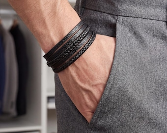 Men's Black Braided Leather Bracelet – Minimalist Clasp Wrap Style