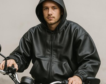 Oversized Black PU Leather Hoodie – Unisex Y2K Streetwear Jacket