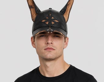 Y2K Baseball Cap with 3D Ears | Leather Hip Hop Streetwear Hat | Punk Gothic Party Cap | Festival Concert Rave Accessory