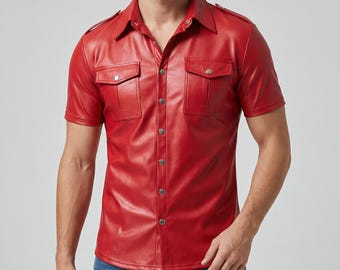 Mens Faux Leather Short Sleeve Shirt - Slim Fit Clubwear Top