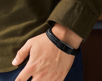 Black Braided Leather Bracelet – Minimalist Mens Wristband