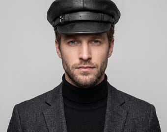 Leather Military Cap | Flat Top Baseball Hat Fitted Style | Punk Biker Headwear Men | Gift for Him