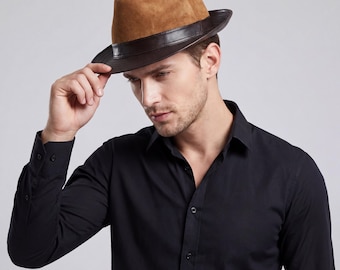 Men's Sheepskin Leather Fedora Hat – Wide Brim Classic Gentleman Style