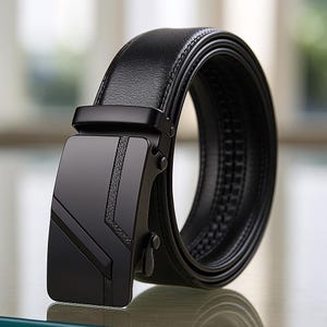 May include: A black leather belt with a sleek, modern design. The belt features a matte black buckle with geometric detailing and a smooth, textured leather strap. The belt is designed for a comfortable fit and is suitable for various outfits.