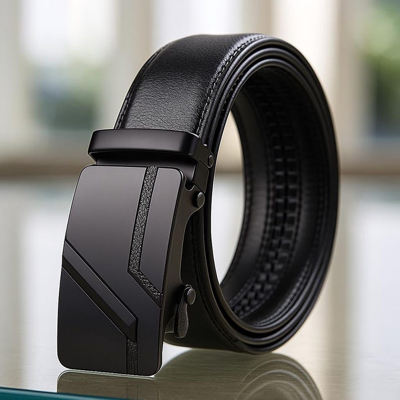 Op de afbeelding: Een zwarte leren riem met een strak, modern ontwerp. De riem heeft een matzwarte gesp met geometrische details en een gladde, getextureerde leren band. De riem is ontworpen voor een comfortabele pasvorm en is geschikt voor diverse outfits.