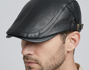 Men's Faux Leather Flat Cap – Vintage Style Adjustable Ivy Hat