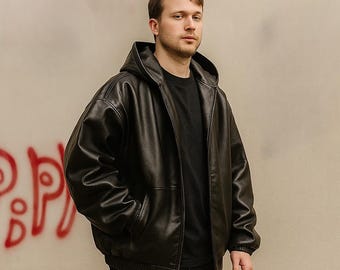 Oversized Black PU Leather Hoodie – Unisex Y2K Streetwear Jacket