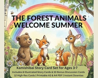May include: A Kamishibai story card set for ages 3-7, featuring a colorful illustration of forest animals under a rainbow. The text reads "The Forest Animals Welcome Summer". Includes 8 illustrated story cards and 10 bonus discussion cards.