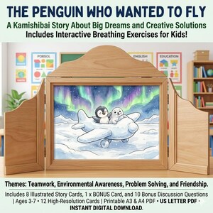 Può includere: Una cornice per teatro kamishibai in legno che mostra l'illustrazione di un pinguino e una foca su un aereo bianco con uno sfondo di aurore boreali verdi e viola. Il testo recita THE PENGUIN WHO WANTED TO FLY e include dettagli.