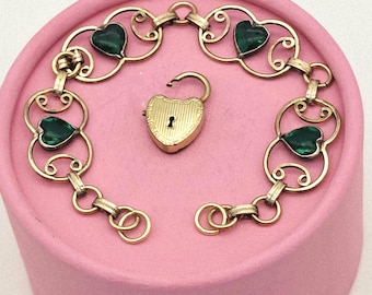 Vintage Gold Filled Heart Padlock Bracelet, Emerald Paste Accents