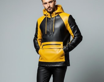 Black & Yellow Leather Hoodie and Pant Set for Men – Two Tone Genuine Leather Tracksuit – Slim Fit Streetwear Outfit