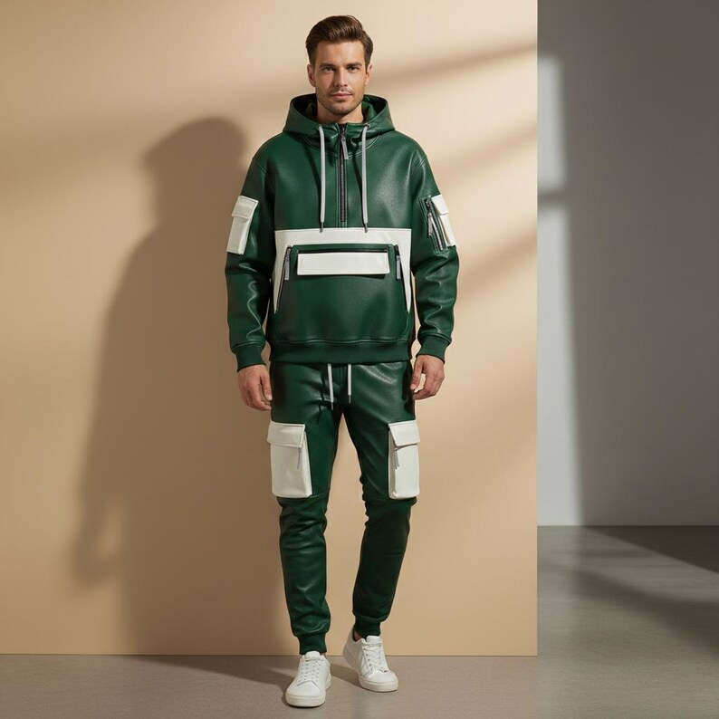 May include: A green and white leather hooded jacket and matching pants. The jacket has a white panel across the chest and white pockets. The pants have white pockets on the thighs. The outfit is paired with white sneakers.