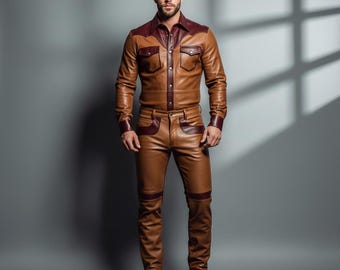 Conjunto de cuero bicolor para hombre | Camisa y pantalón de cuero marrón y burdeos | Traje de cuero estilo western | Hecho a medida